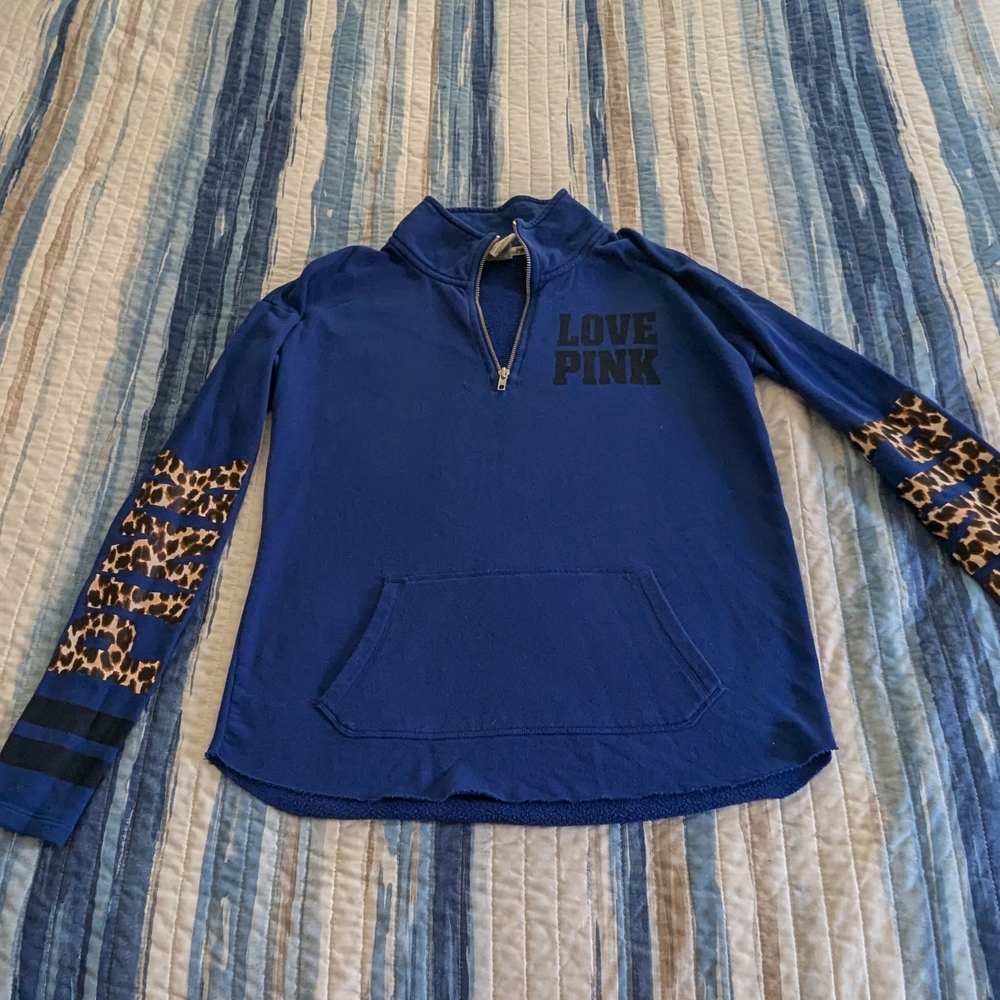 PINK Victoria's Secret Cobalt Sweater with Leopard Sleeves - Picture 2 of 6
